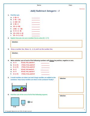Preview image for worksheet with title Add/Subtract Integers - I