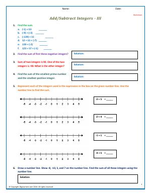 Preview image for worksheet with title Add/Subtract Integers - III
