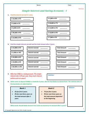 Preview image for worksheet with title Simple Interest and Saving Accounts - I