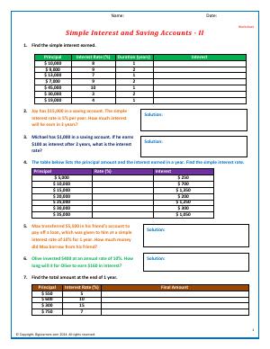 Preview image for worksheet with title Simple Interest and Saving Accounts - II