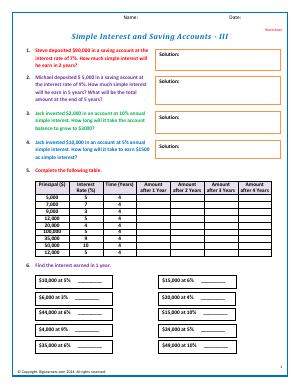 Preview image for worksheet with title Simple Interest and Saving Accounts - III
