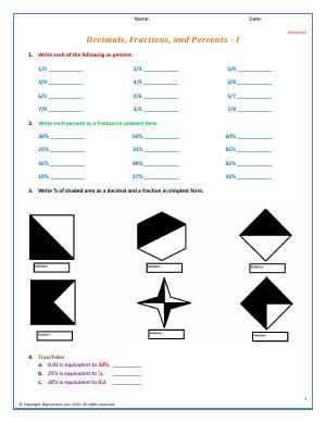 Preview image for worksheet with title Decimals, Fractions, and Percents - I