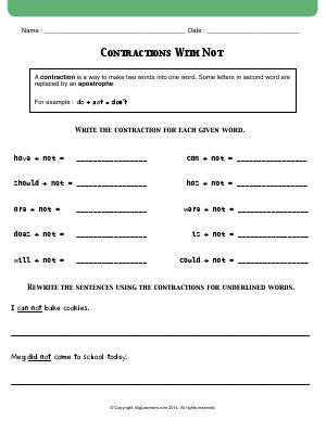Preview image for worksheet with title Contractions with Not