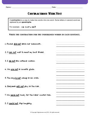 Preview image for worksheet with title Contractions with Not