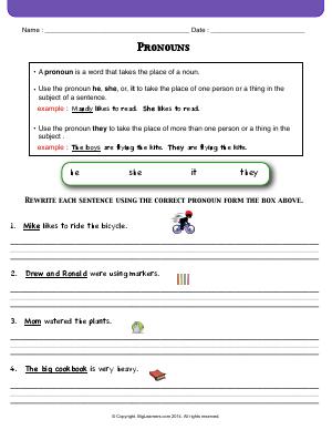 Preview image for worksheet with title Pronouns