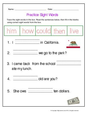 Preview image for worksheet with title Practice Sight Words 
(him, how, could, then, live)