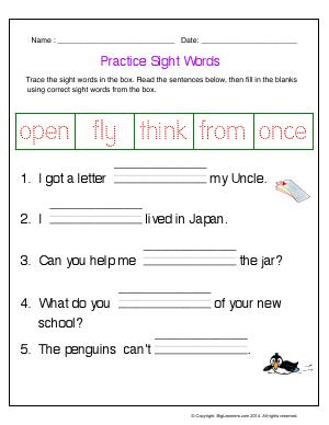 Preview image for worksheet with title Practice Sight Words (open, fly, think, from, once)