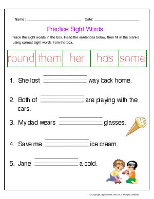 Preview image for worksheet with title Practice Sight Words (round, them, her, has, some)