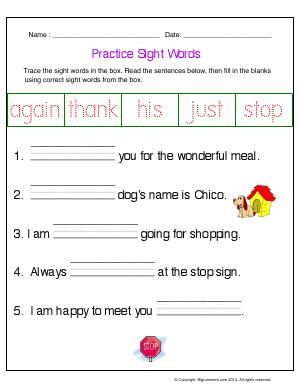 Preview image for worksheet with title Practice Sight Words (again, thank, his, just, stop)