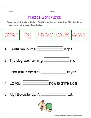Preview image for worksheet with title Practice Sight Words (after, by, know, walk, every)