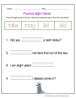 Preview image for worksheet with title Practice Sight Words (take, may, let, old)