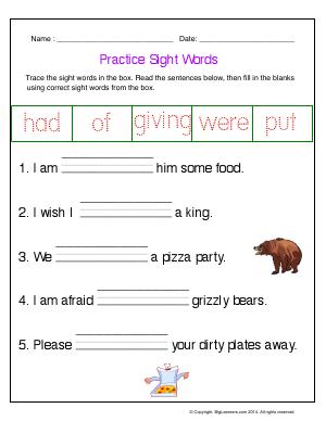 Preview image for worksheet with title Practice Sight Words (had, of, giving, were, put)