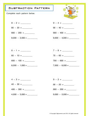 Preview image for worksheet with title Subtraction Pattern