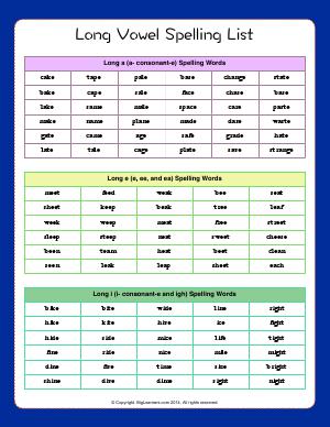 Preview image for worksheet with title Long vowel Spelling List