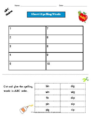 Preview image for worksheet with title Short i Spelling Words
