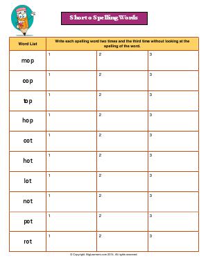 Preview image for worksheet with title Short o Spelling Words