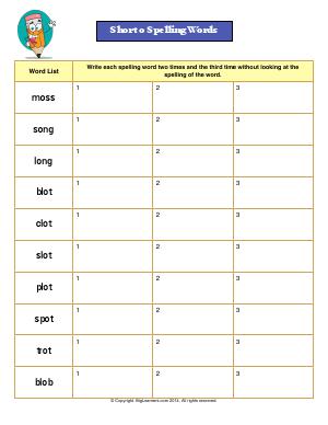 Preview image for worksheet with title Short o Spelling Words