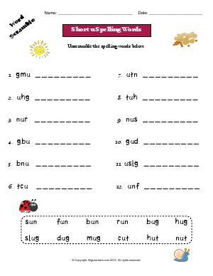 Preview image for worksheet with title Short u Spelling Words (Word Scramble)