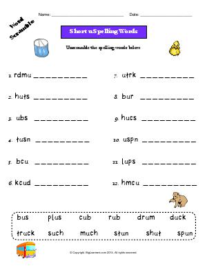 Preview image for worksheet with title Short u Spelling Words (Word Scramble)