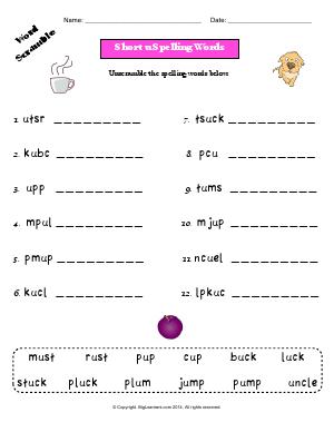 Preview image for worksheet with title Short u Spelling Words (Word Scramble)