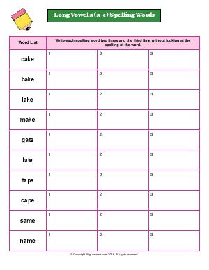 Preview image for worksheet with title Long Vowel a (a_e) Spelling Words