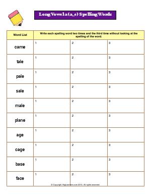 Preview image for worksheet with title Long Vowel a (a_e) Spelling Words