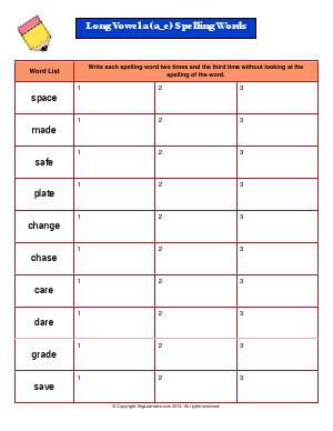 Preview image for worksheet with title Long Vowel a (a_e) Spelling Words