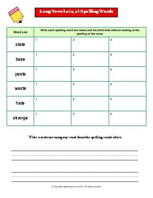 Preview image for worksheet with title Long Vowel a (a_e) Spelling Words
