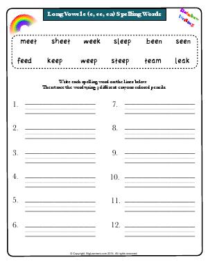 Preview image for worksheet with title Long Vowel e (e, ee, ea) Spelling Words (Rainbow Writing)