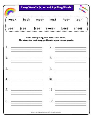 Preview image for worksheet with title Long Vowel e (e, ee, ea) Spelling Words (Rainbow Writing)