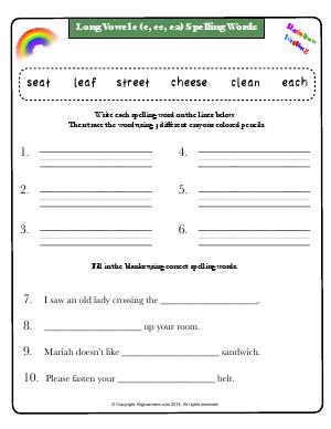 Preview image for worksheet with title Long Vowel e (e, ee, ea) Spelling Words (Rainbow Writing)