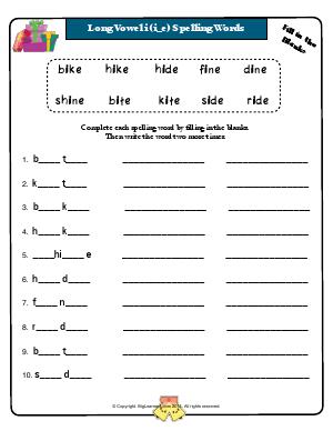 Preview image for worksheet with title Long Vowel i (i_e) Spelling Words