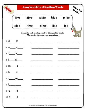 Preview image for worksheet with title Long Vowel i (i_e) Spelling Words