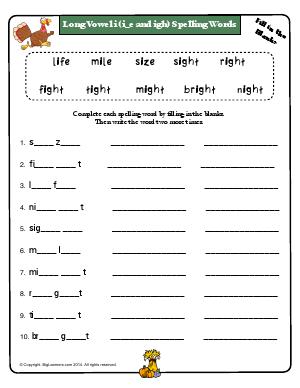 Preview image for worksheet with title Long Vowel i (i_e) Spelling Words