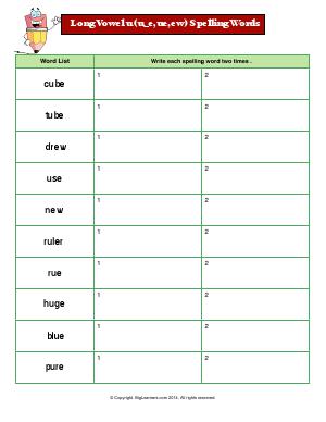 Preview image for worksheet with title Long Vowel u (u_e,ue,ew) Spelling Words