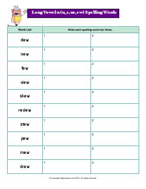 Preview image for worksheet with title Long Vowel u (u_e,ue,ew) Spelling Words