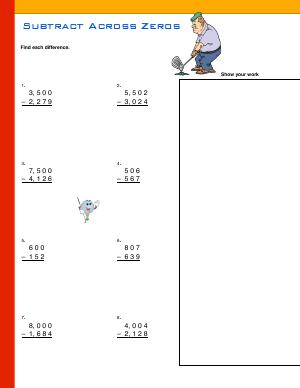 Preview image for worksheet with title Subtract Across Zeros