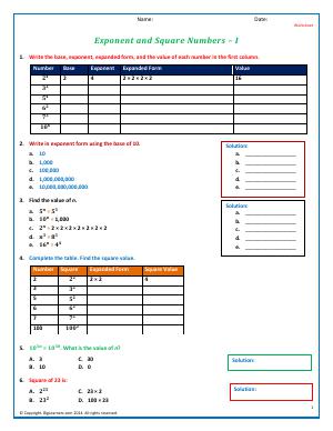 Preview image for worksheet with title Exponent and Square Numbers - I