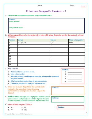 Preview image for worksheet with title Prime and Composite Numbers - I