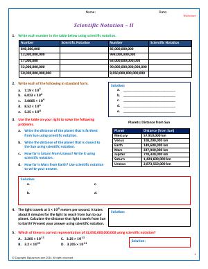 Preview image for worksheet with title Scientific Notation - II