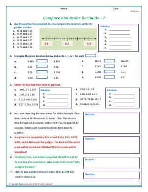 Preview image for worksheet with title Compare and Order Decimals - I