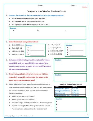 Preview image for worksheet with title Compare and Order Decimals - II