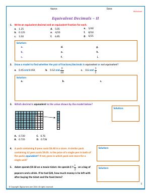 Preview image for worksheet with title Equivalent Decimals - II