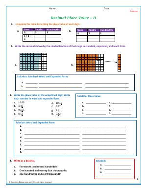 Preview image for worksheet with title Decimal Place Value - II