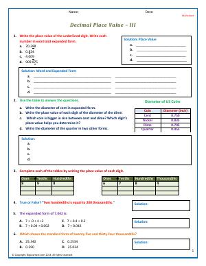 Preview image for worksheet with title Decimal Place Value - III