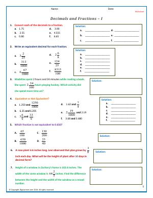 Preview image for worksheet with title Decimals and Fractions - I
