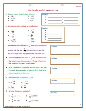 Preview image for worksheet with title Decimals and Fractions - II