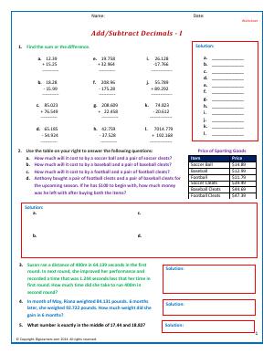 Preview image for worksheet with title Add/Subtract Decimals - I