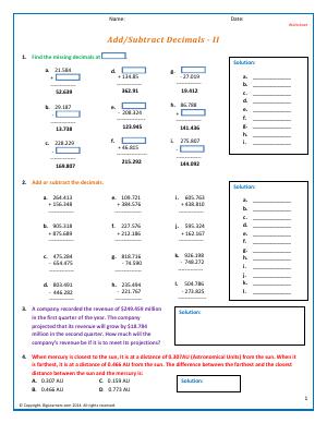 Preview image for worksheet with title Add/Subtract Decimals - II