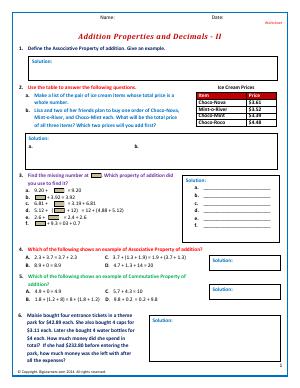 Preview image for worksheet with title Addition Properties and Decimals - II